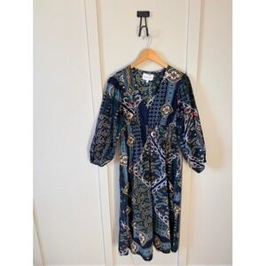 Cara Cara Blue Green Paisley Cotton SmockedWaist Balloon Sleeve Midi Dress Small
